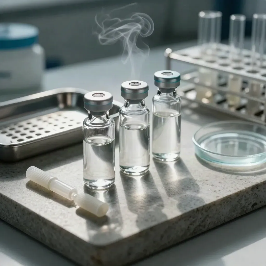 Laboratoriekit med glasampuller, provbricka och silikonkorkar i kallt cyanljus