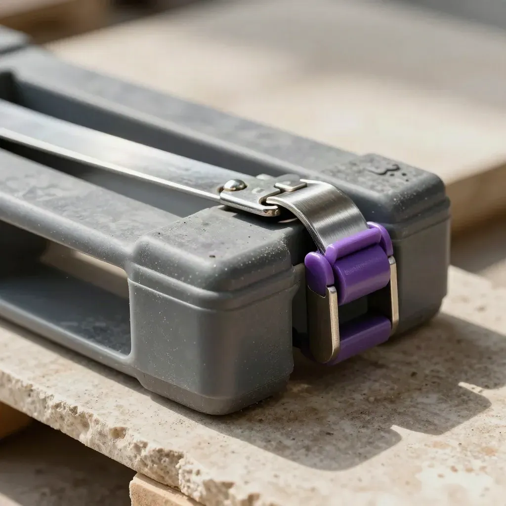 Logistikdetalj med pallhörn, spännclip och strap-buckle på sten i sned närbild.