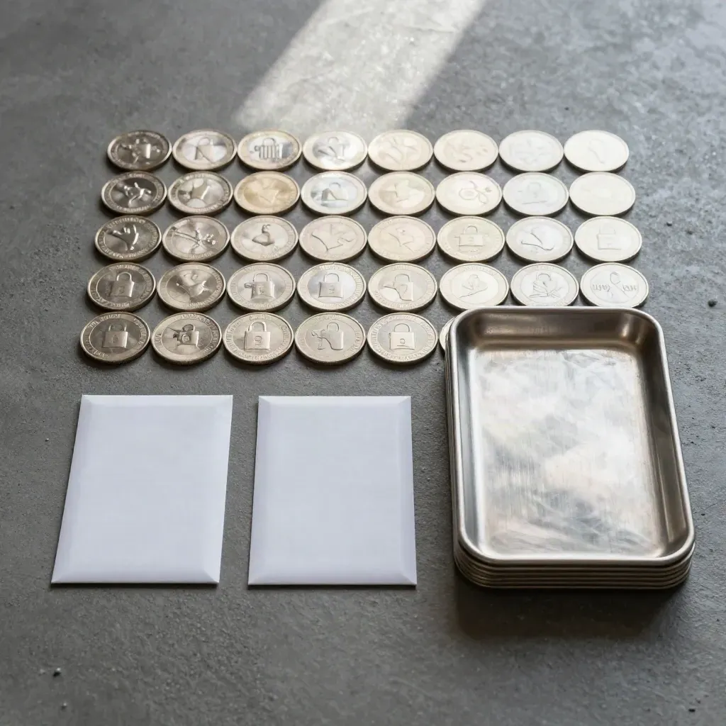 Fintech-still life med säkerhetstokens, förseglade kortfodral och metallbrickor på stenyta.