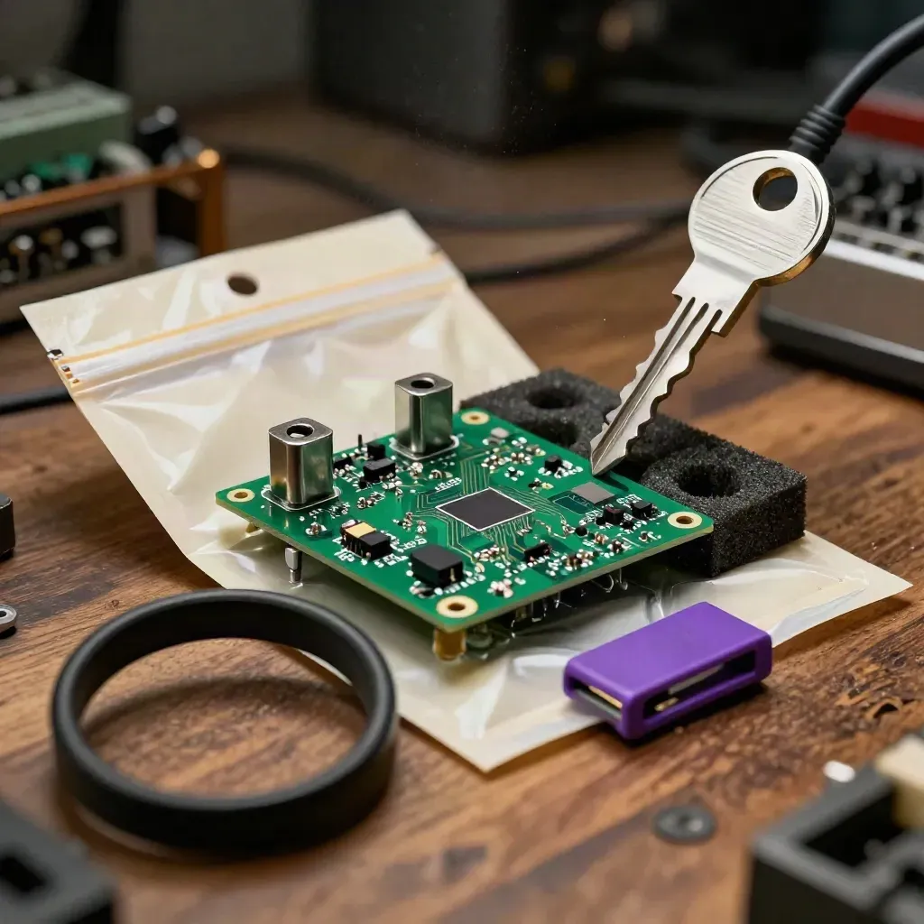 Öppen prototypbox med kretskort och kabelring i dimmig verkstadsmiljö