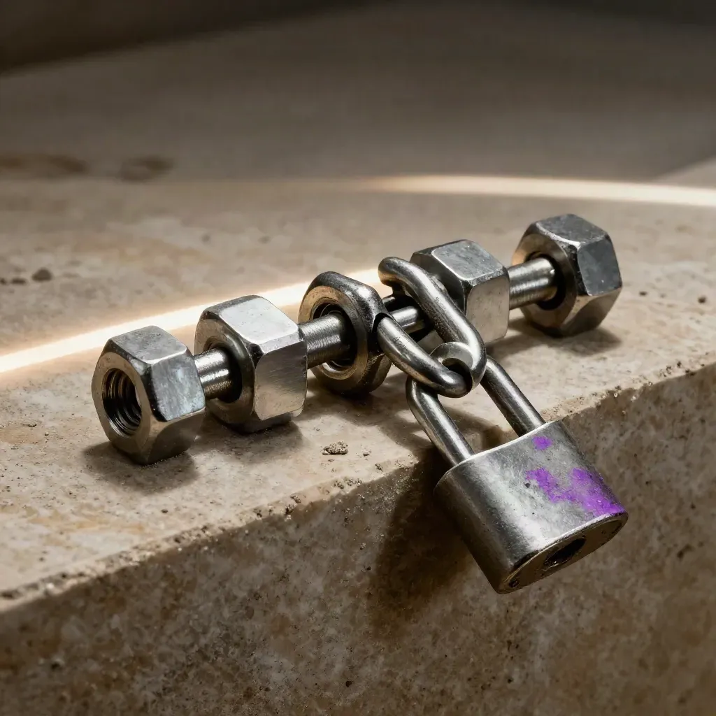 Stålbrickor, aluminiumblock och dubbelmuttrar i dramatisk kedja på ljus kalksten.